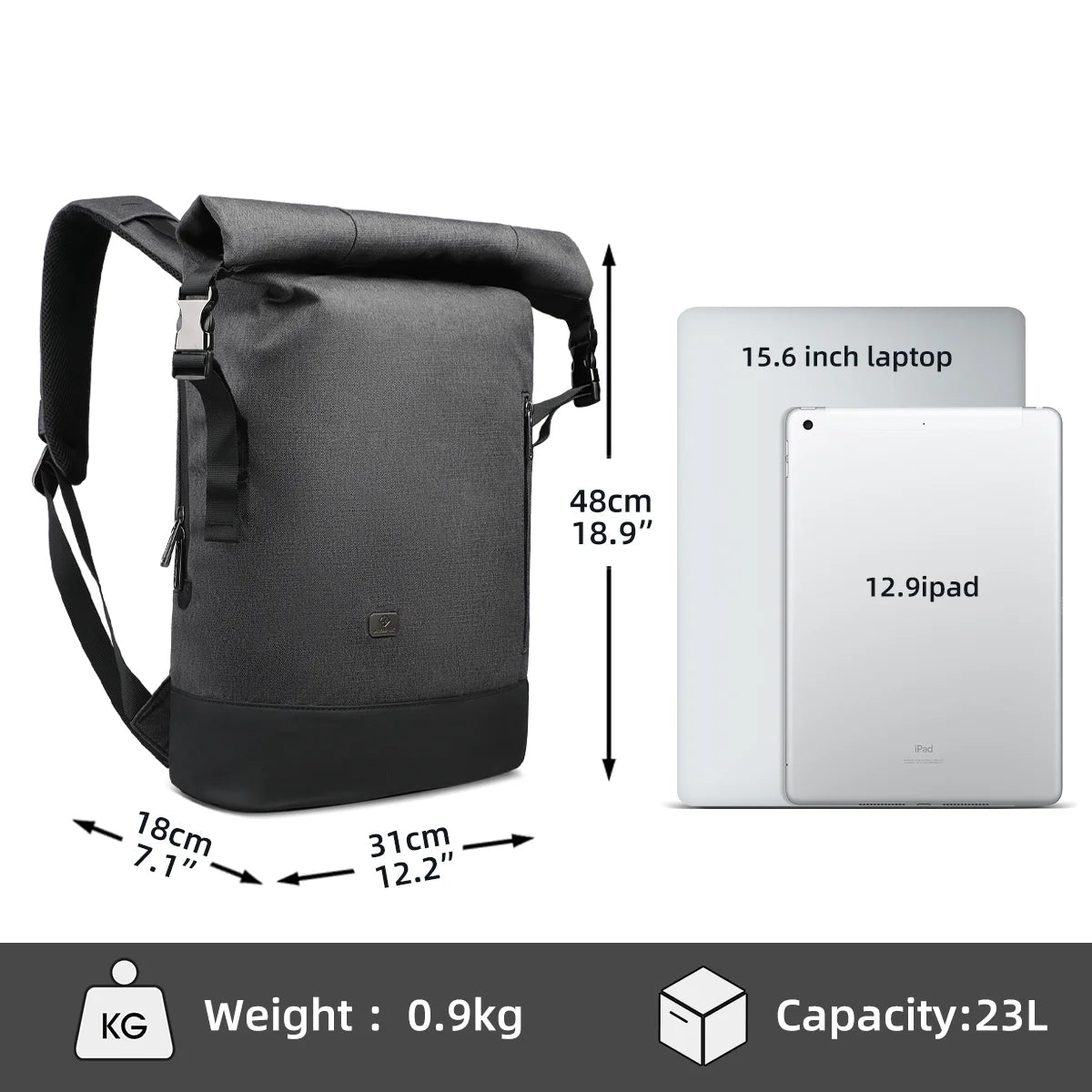 Skanto | URBANTRAIL Rolltop Backpack – Expandable and Waterproof Travel Backpack with USB Port and Laptop Compartment