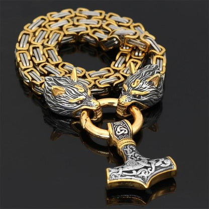 Skanto | 60–90 cm Stainless Steel Double Wolf Head & Mjolnir Survival Segment Necklace/Bracelet