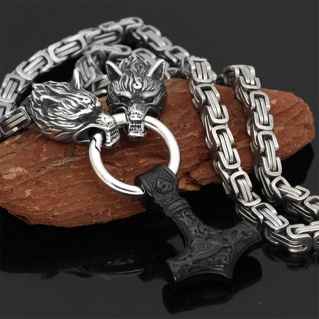 Skanto | 60–90 cm Stainless Steel Double Wolf Head & Mjolnir Survival Segment Necklace/Bracelet