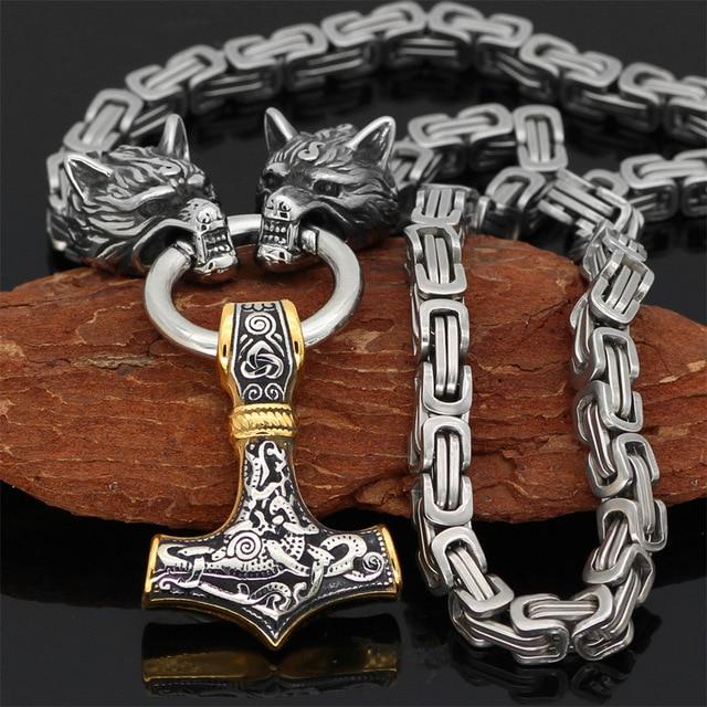 Skanto | 60–90 cm Stainless Steel Double Wolf Head & Mjolnir Survival Segment Necklace/Bracelet