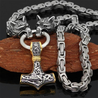 Skanto | 60–90 cm Stainless Steel Double Wolf Head & Mjolnir Survival Segment Necklace/Bracelet