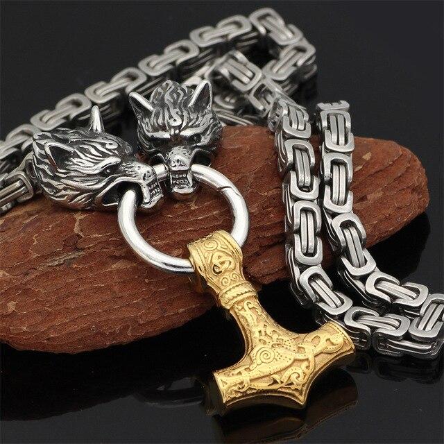 Skanto | 60–90 cm Stainless Steel Double Wolf Head & Mjolnir Survival Segment Necklace/Bracelet