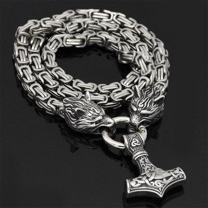 BowLift | 60–90 cm Stainless Steel Double Wolf Head & Mjolnir Survival Spirit Necklace/Bracelet