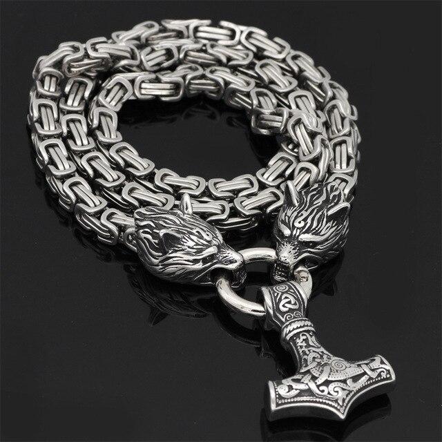 60–90 cm Stainless Steel Double Wolf Head & Mjolnir Survival Spirit Necklace/Bracelet