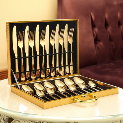 BowLift | Opulent Gold Cutlery Set - The elegant 24-piece gold and silver cutlery set