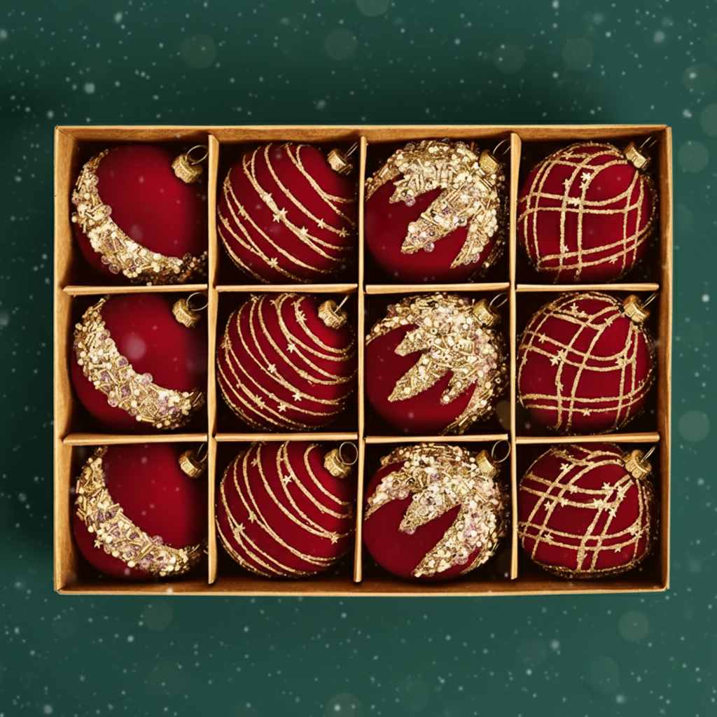 Velvet Christmas Baubles Set (12 pcs.) – Burgundy, Khaki & Green Ornaments (6cm)