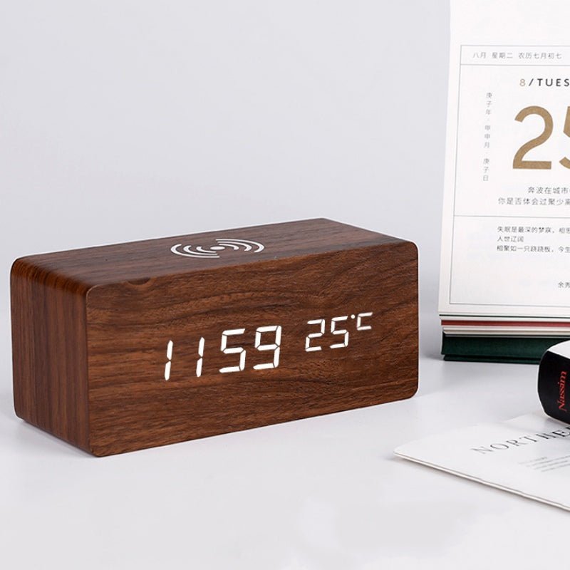 Wood Electric Alarm Clock with Wireless Charging Pad